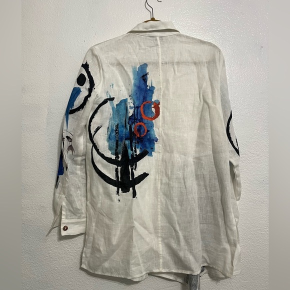 Citron Santa Monica Top Small Womens White Linen Art Asymmetrical Button Tunic - Picture 13 of 14